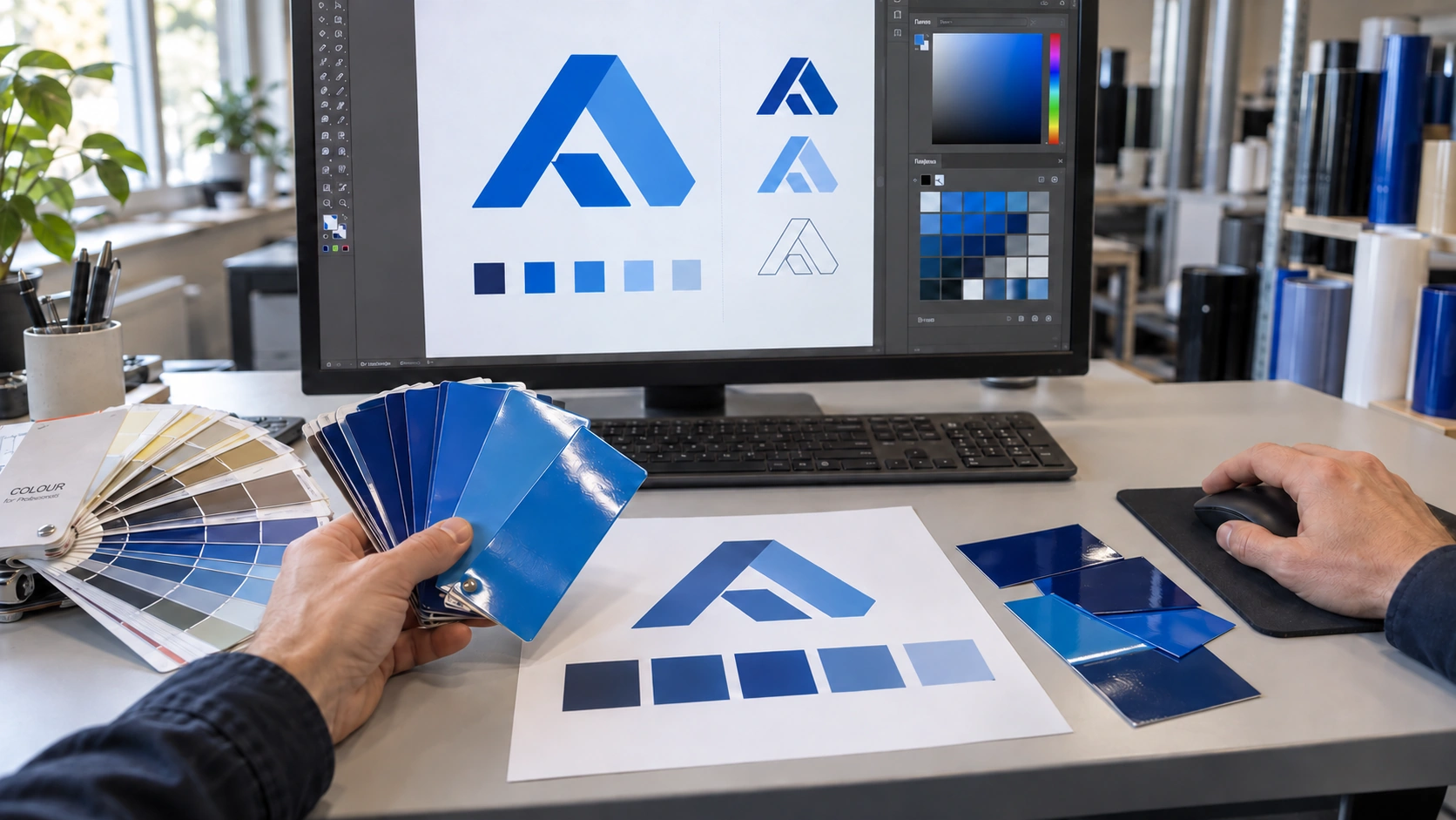 Sammenligning av blå foliefarger med en digital fargepalett i et designstudio