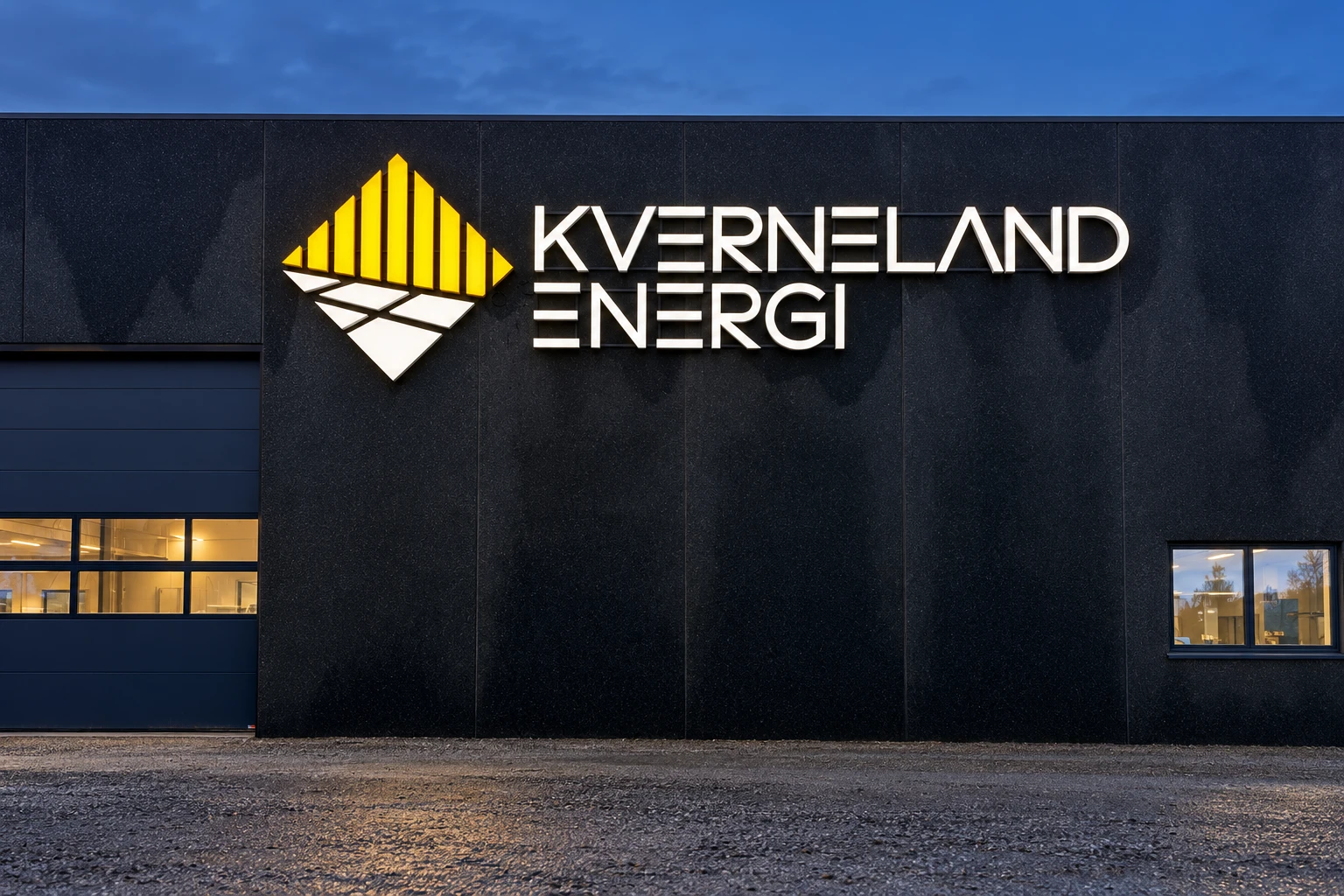 Visualisering av belyst fasadeskilt for Kverneland Energi