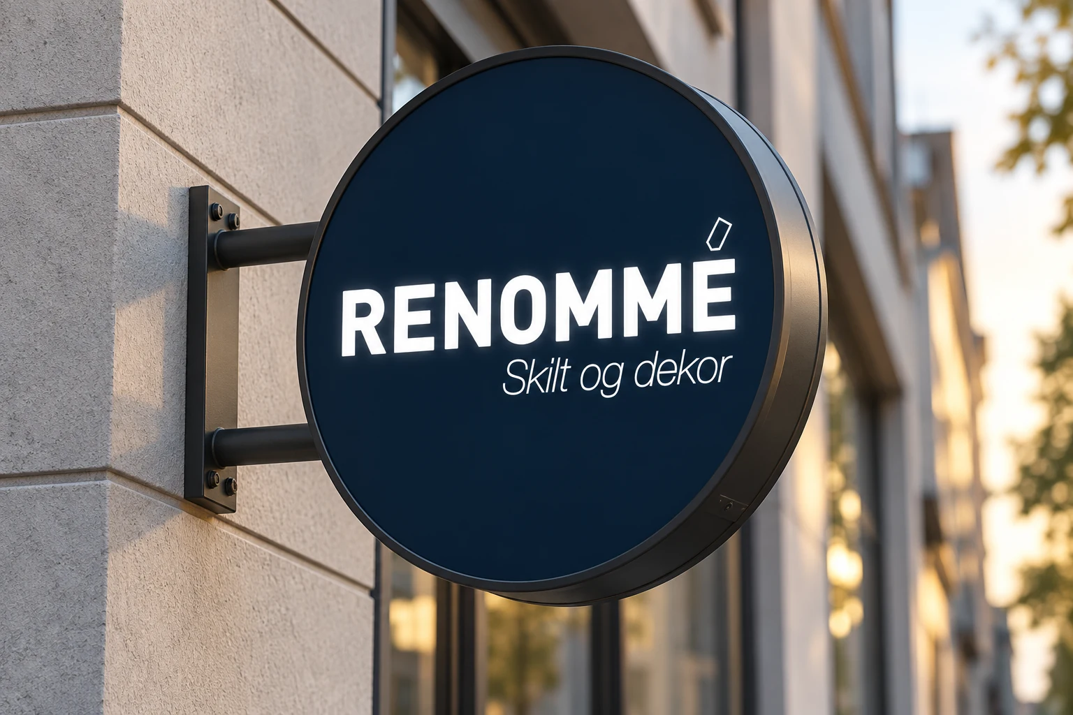 Illustrasjon av rund lyskasse som flaggskilt med Renommé-logo