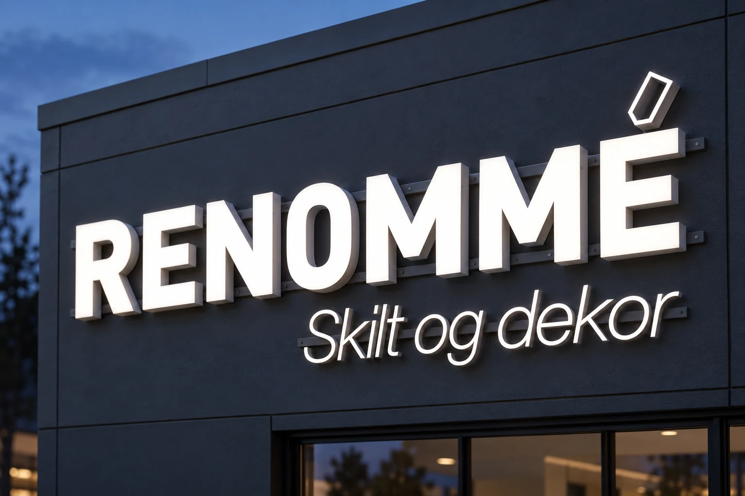 Illustrasjon av belyst Renommé-logo montert på skinner