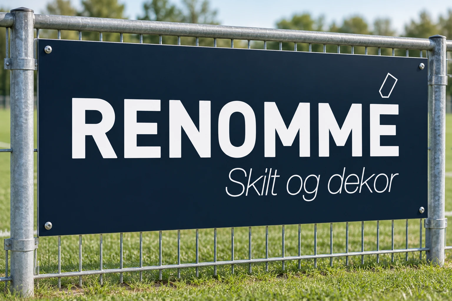 Illustrasjon av plateskilt med Renommé-logo på et gjerde